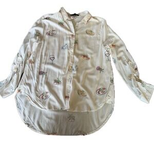Jane and Delaney Womens Food and Wine Print Button Down Shirt   Top Size L
